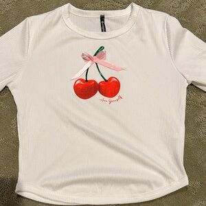 White Long Sleeve Kids Tee with Cherry Design NWOT